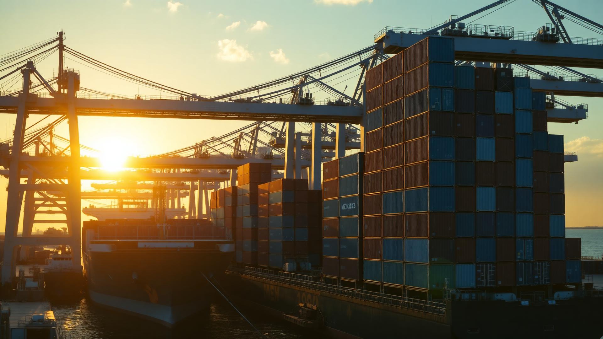 Global container port at golden hour